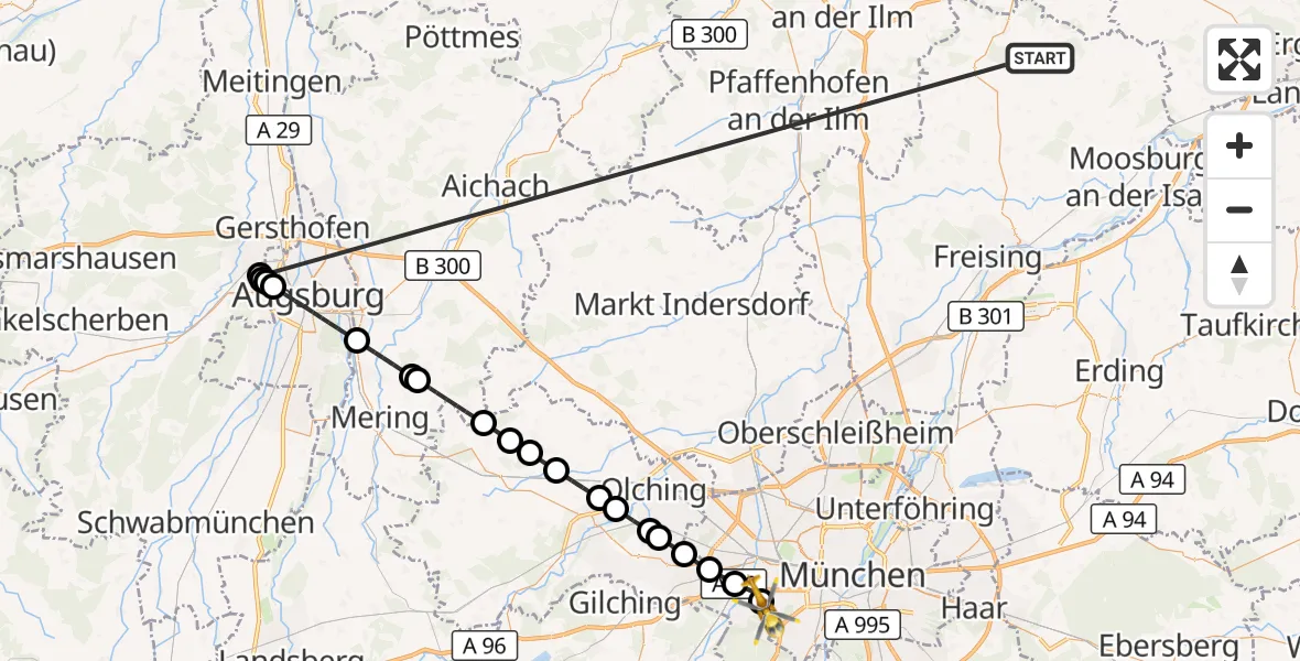 Flugroute Rettungshubschrauber Rudelzhausen - DRF Air Rescue München Hubschrauberlandeplatz, 22 Oktober 2026, 23:20