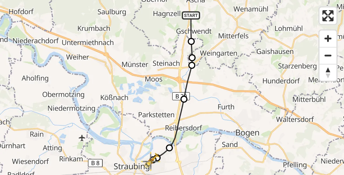 Flugroute Rettungshubschrauber Ascha - Sankt Elisabeth Hospital Straubing, 22 Oktober 2026, 23:45