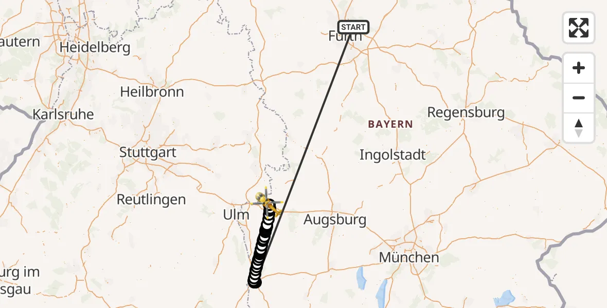 Flugroute Rettungshubschrauber Neunhofer Forst - Günzburg Hospital, 23 Oktober 2026, 00:15