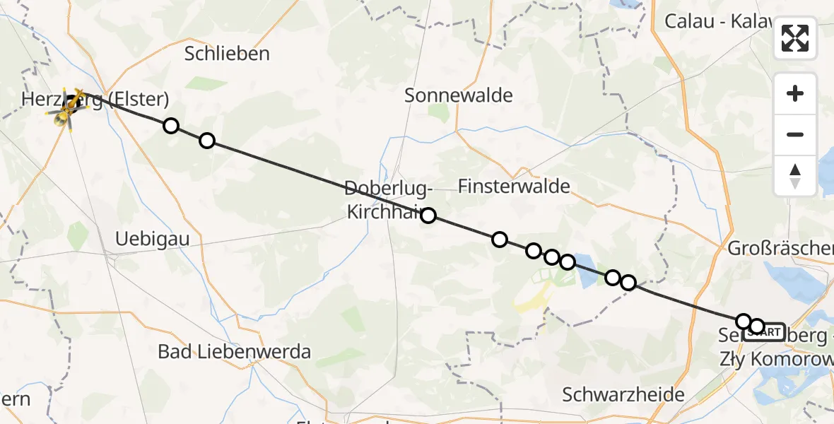 Flugroute Ambulanzhubschrauber ADAC Luftrettungsstation Senftenberg Hubschrauberlandeplatz - Elbe-Elster Hospital Herzberg, 23 Oktober 2026, 00:20