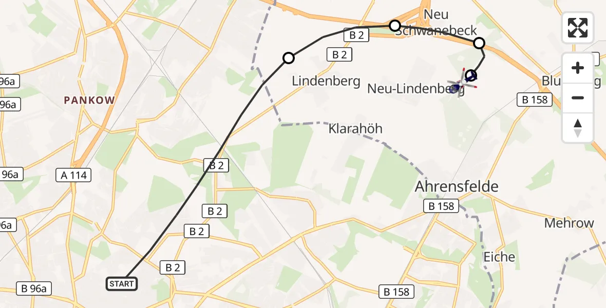 Flugroute Polizeihubschrauber Berlin - Ahrensfelde Hubschrauberlandeplatz, 23 Oktober 2026, 02:10