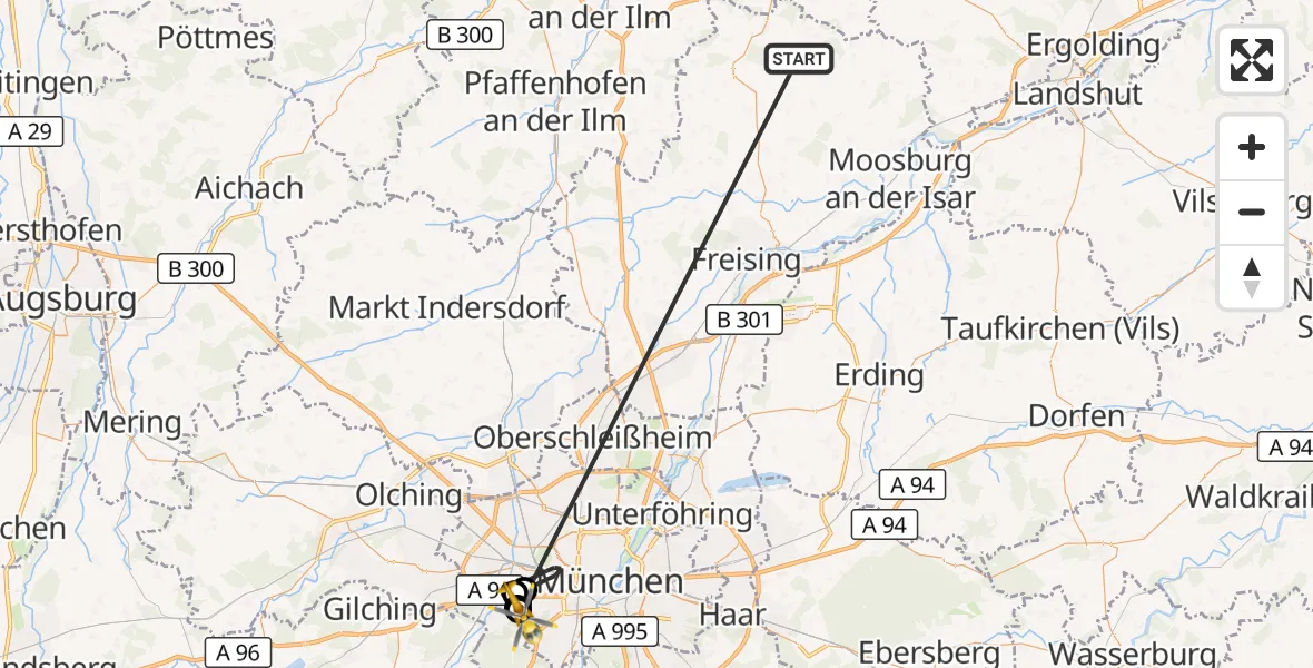 Flugroute Rettungshubschrauber Rudelzhausen - DRF Air Rescue München Hubschrauberlandeplatz, 23 Oktober 2026, 02:47