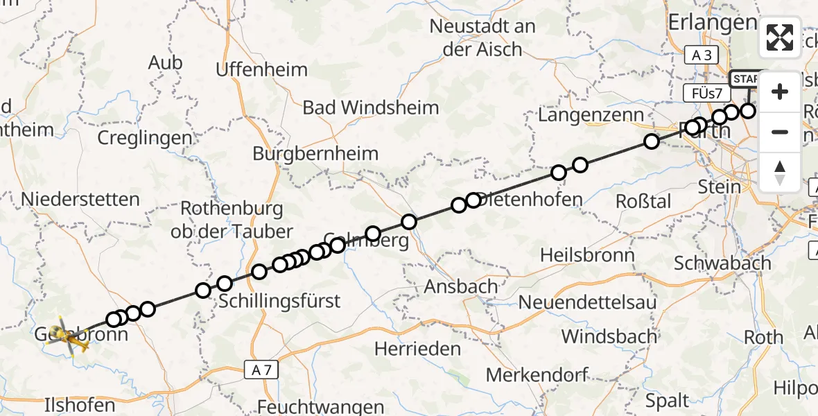 Flugroute Rettungshubschrauber Neunhofer Forst - Gerabronn, 23 Oktober 2026, 03:00