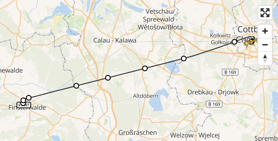 Flugroute Ambulanzhubschrauber Elbe-Elster Hospital Finsterwalde - Carl Thien Hospital Cottbus, 23 Oktober 2026, 03:05