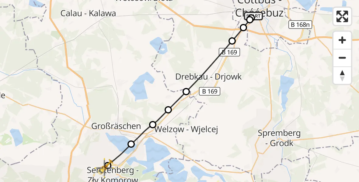 Flugroute Ambulanzhubschrauber Carl Thien Hospital Cottbus - ADAC Luftrettungsstation Senftenberg Hubschrauberlandeplatz, 23 Oktober 2026, 03:42