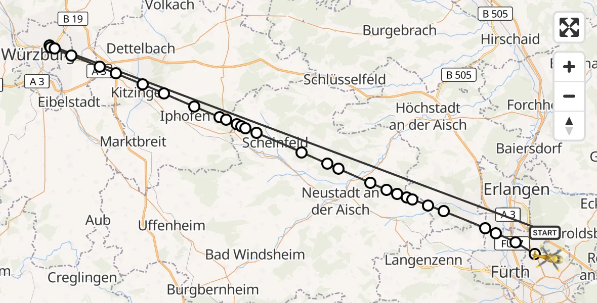 Flugroute Rettungshubschrauber Neunhofer Forst - Flughafen Nuremberg, 23 Oktober 2026, 04:55