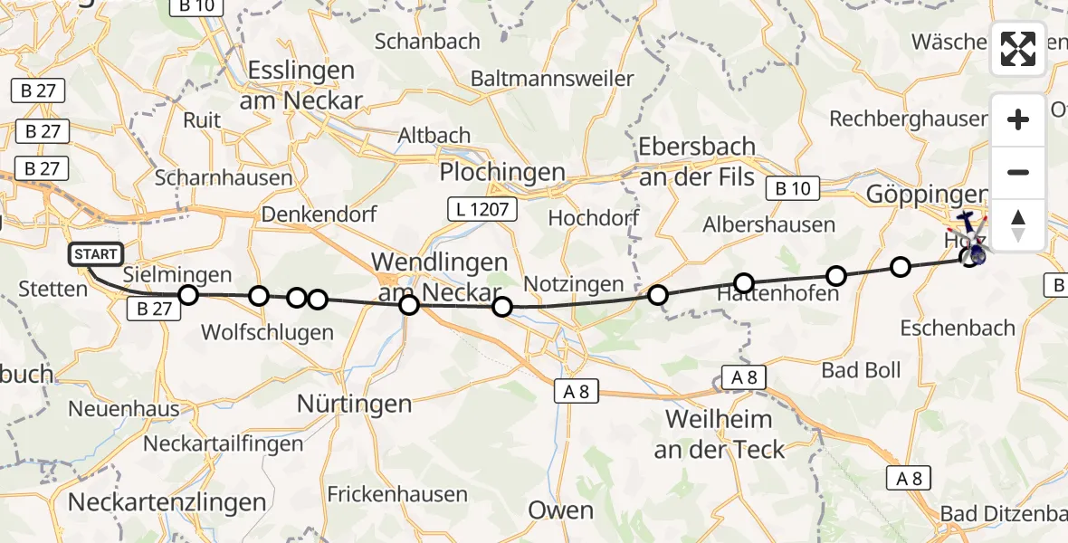 Flugroute Polizeihubschrauber Flughafen Stuttgart - Göppingen, 23 Oktober 2026, 05:01