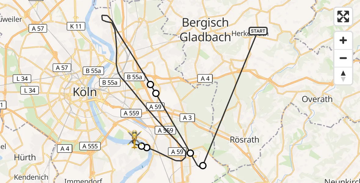 Flugroute Ambulanzhubschrauber Bergisch Gladbach - Köln, 23 Oktober 2026, 05:22