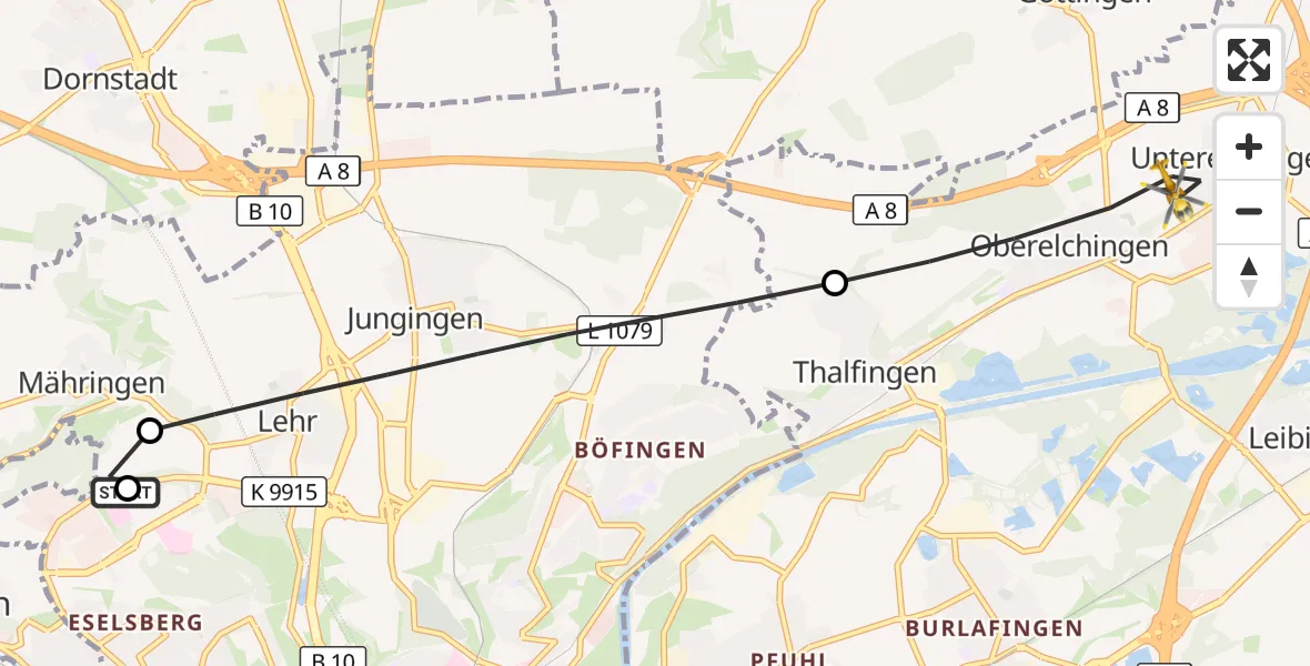 Flugroute Rettungshubschrauber Ulm Military Hospital Emergency - Elchingen, 23 Oktober 2026, 06:01