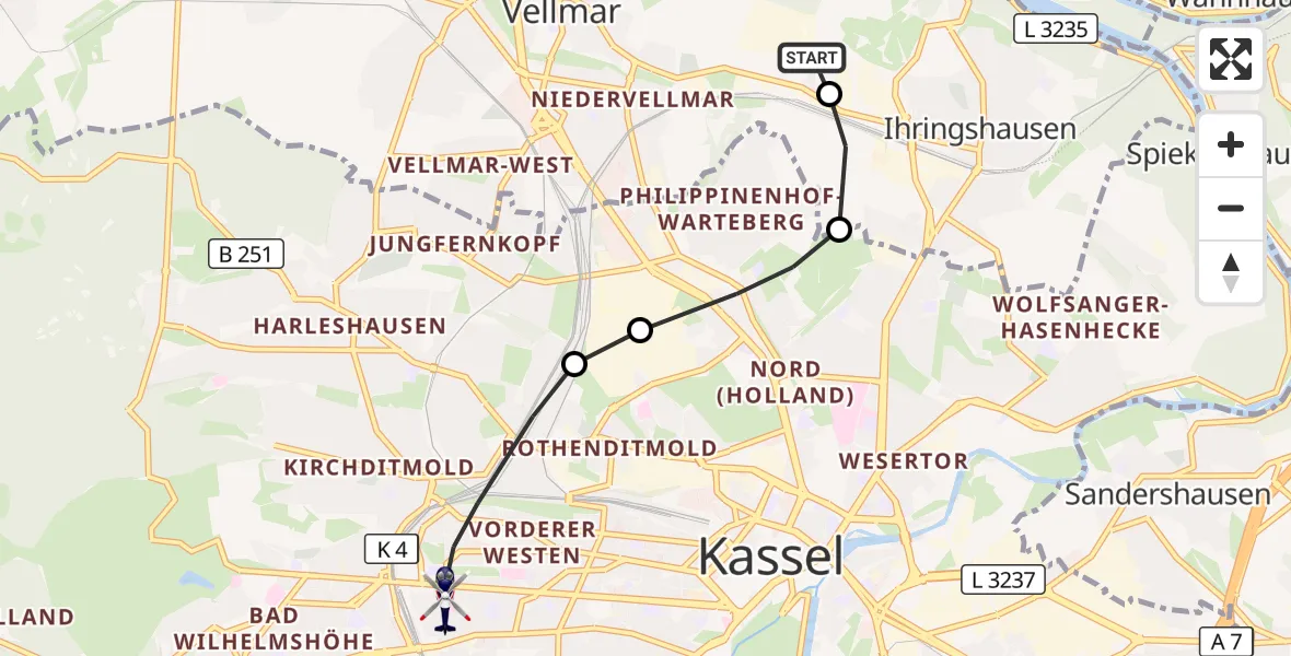 Flugroute Polizeihubschrauber Fuldatal Bundespolizei Hubschrauberlandeplatz - Kassel, 23 Oktober 2026, 06:14