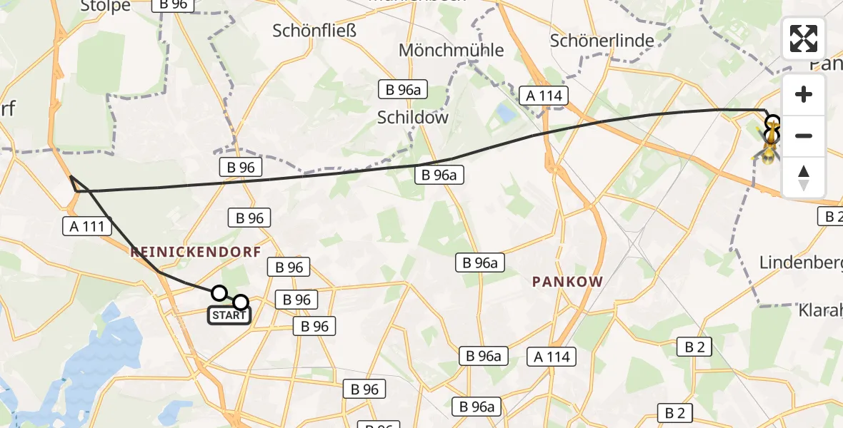 Flugroute Rettungshubschrauber Vivantes Humboldt Clinic - Helios Clinic Berlin-Buch, 23 Oktober 2026, 06:18