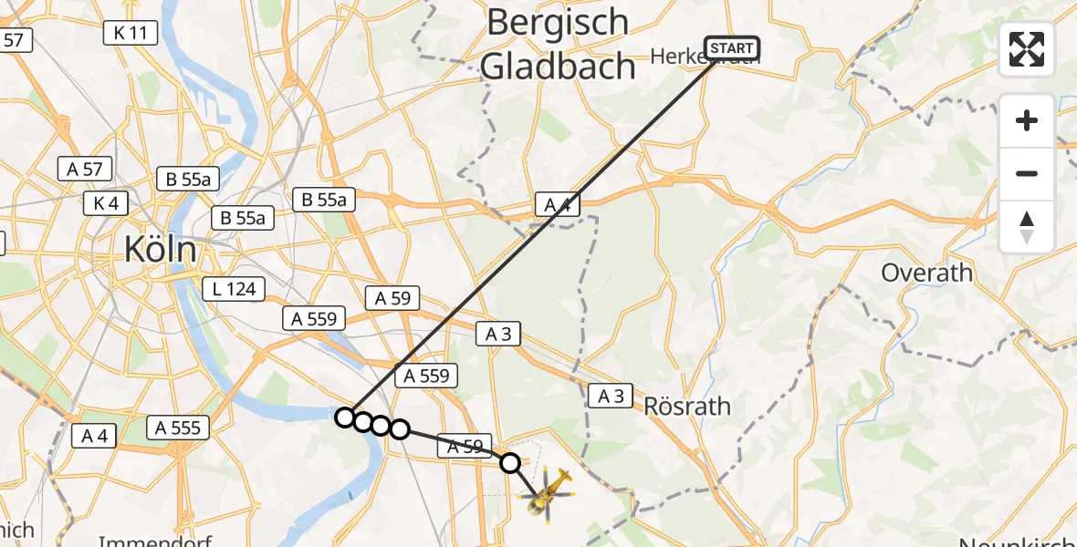Flugroute Ambulanzhubschrauber Bergisch Gladbach - Köln Bonn Flughafen, 23 Oktober 2026, 06:26