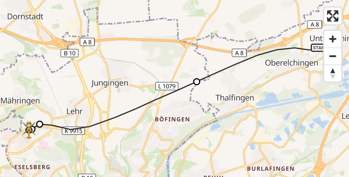 Flugroute Rettungshubschrauber Elchingen - ADAC Air Rescue Station Ulm (Christoph 22), 23 Oktober 2026, 06:27