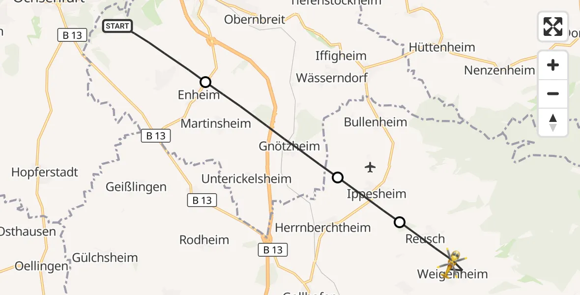 Flugroute Rettungshubschrauber Marktbreit - Weigenheim, 23 Oktober 2026, 06:34