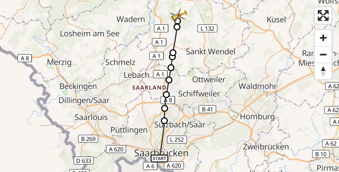 Flugroute Rettungshubschrauber Saarbrücken - Nohfelden, 23 Oktober 2026, 06:38