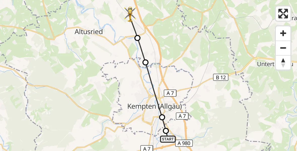 Flugroute Rettungshubschrauber Kempten-Durach Flugplatz - Dietmannsried, 23 Oktober 2026, 06:42