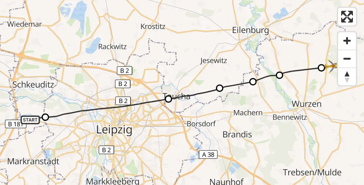 Flugroute Rettungshubschrauber Schkeuditz - Lossatal, 23 Oktober 2026, 06:49