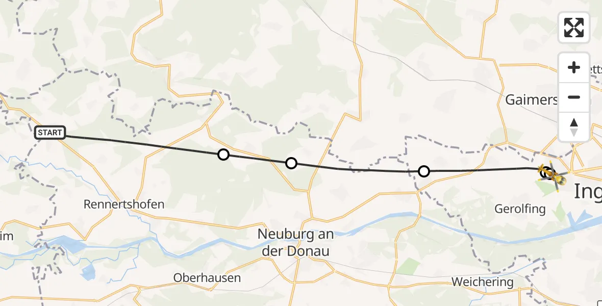 Flugroute Rettungshubschrauber Rennertshofen - Ingolstadt Hospital, 23 Oktober 2026, 07:00