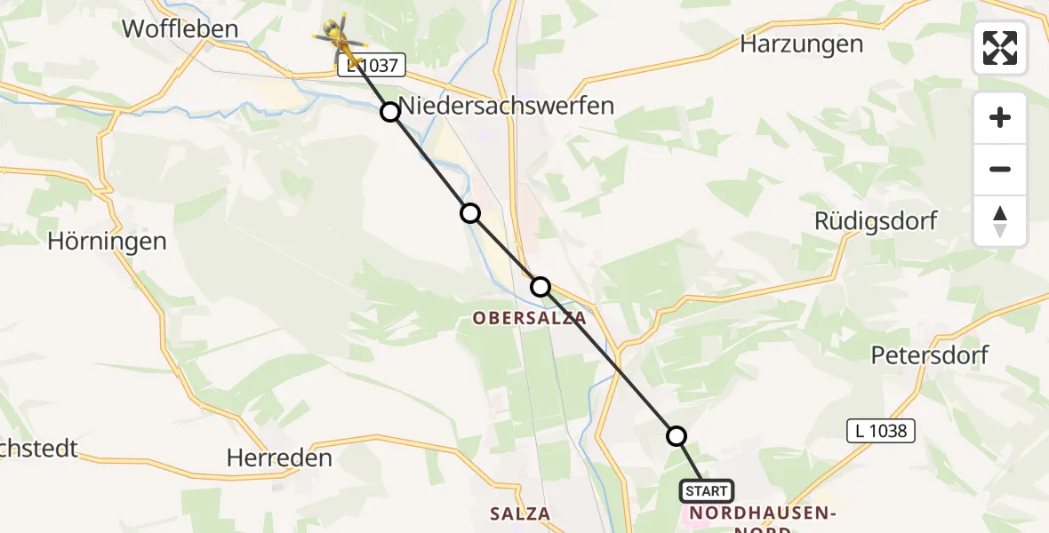 Flugroute Rettungshubschrauber Südharz Hospital Nordhausen - Harztor, 23 Oktober 2026, 07:04