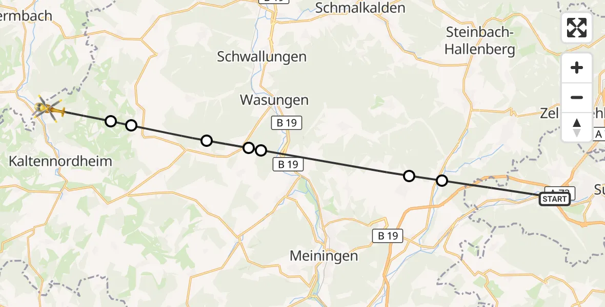 Flugroute Rettungshubschrauber Suhl - Kaltennordheim, 23 Oktober 2026, 07:09