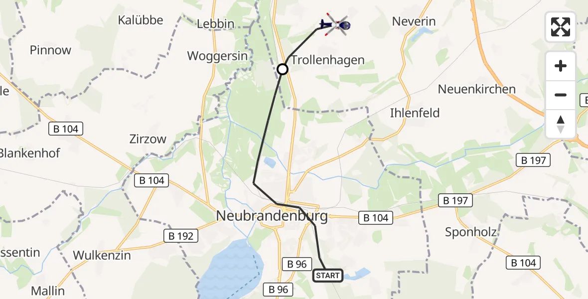 Flugroute Polizeihubschrauber Neubrandenburg - Trollenhagen, 23 Oktober 2026, 07:15