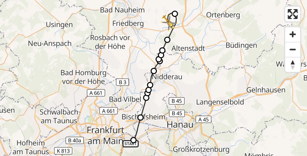 Flugroute Rettungshubschrauber Sana Hospital Offenbach - Flugplatz Reichelsheim, 23 Oktober 2026, 07:15