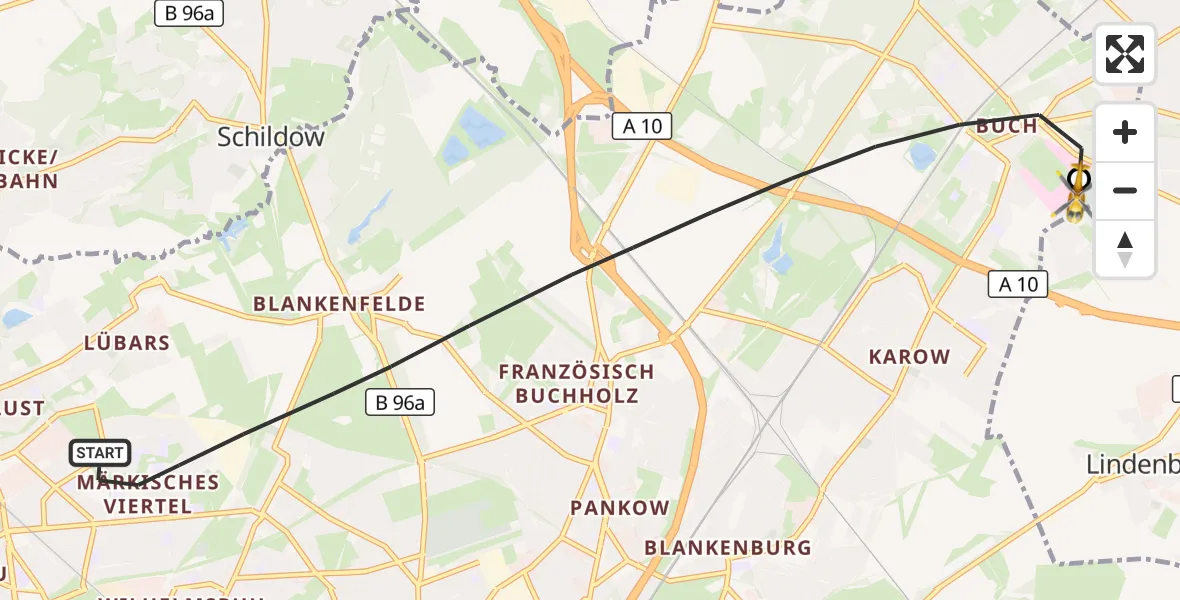 Flugroute Rettungshubschrauber Berlin - Helios Clinic Berlin-Buch, 23 Oktober 2026, 07:19