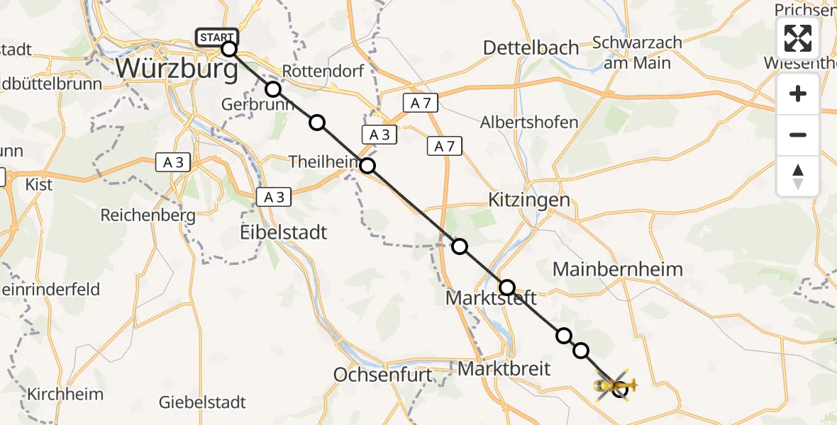 Flugroute Rettungshubschrauber Würzburg University Hospital Rooftop - Seinsheim, 23 Oktober 2026, 07:27