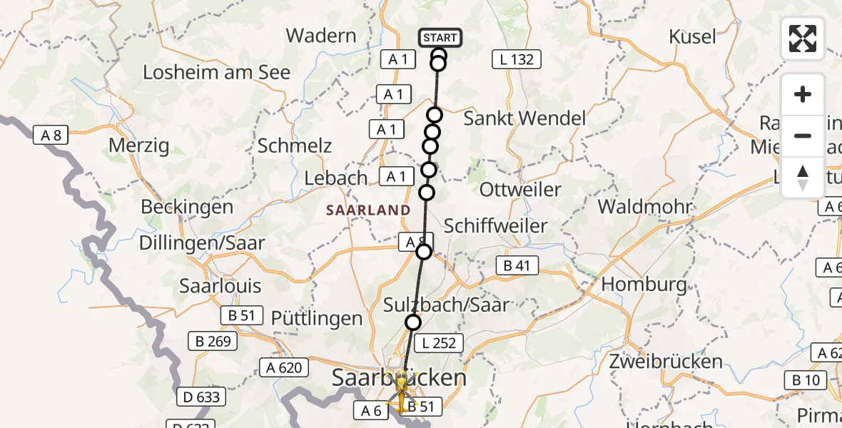 Flugroute Rettungshubschrauber Nohfelden - Saarbrücken, 23 Oktober 2026, 07:27