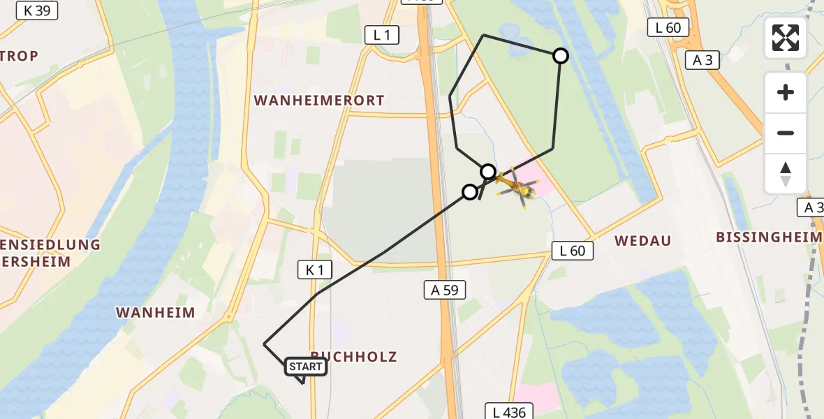 Flugroute Rettungshubschrauber Duisburg - Sana Clinic Duisburg Hubschrauberlandeplatz, 23 Oktober 2026, 07:33