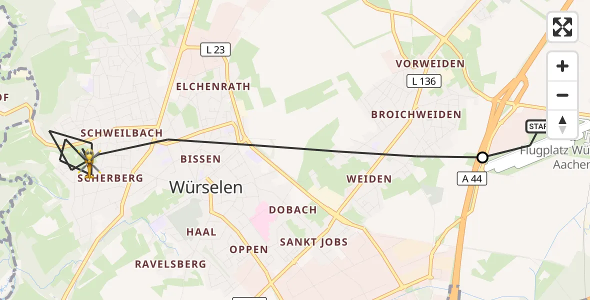 Flugroute Rettungshubschrauber Aachen-Merzbrück Flughafen - Würselen, 23 Oktober 2026, 07:33