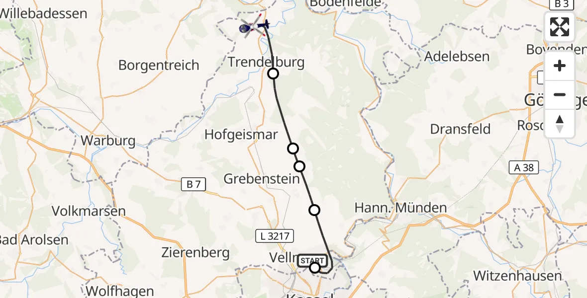 Flugroute Polizeihubschrauber Fuldatal Bundespolizei Hubschrauberlandeplatz - Hölleberg Flugplatz, 23 Oktober 2026, 07:38