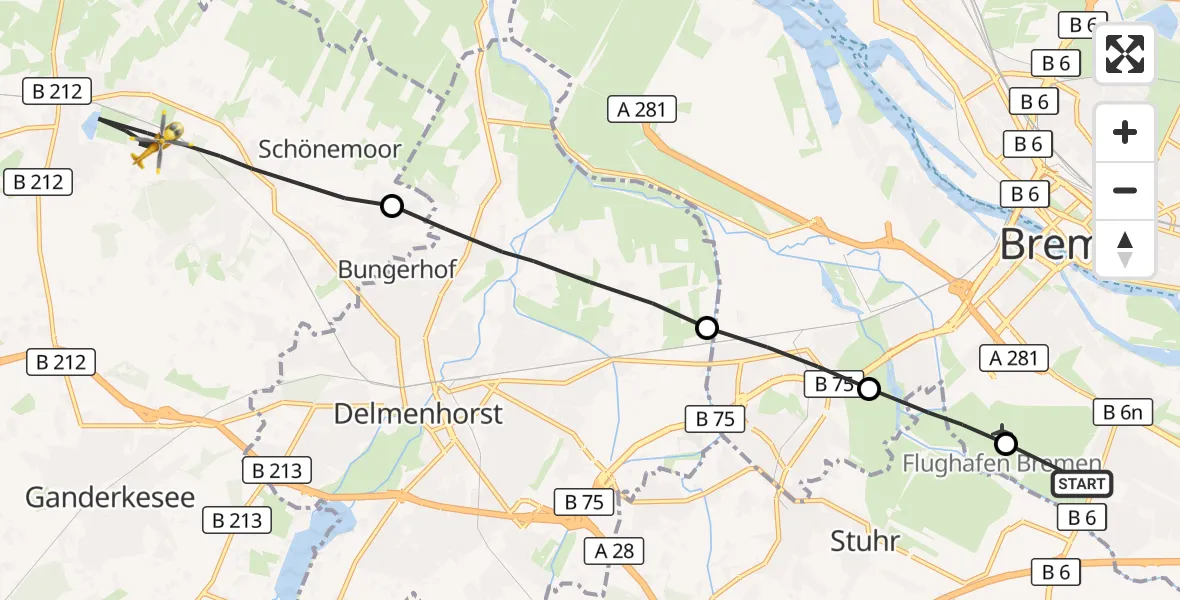 Flugroute Rettungshubschrauber Bremen - Ganderkesee, 23 Oktober 2026, 07:44