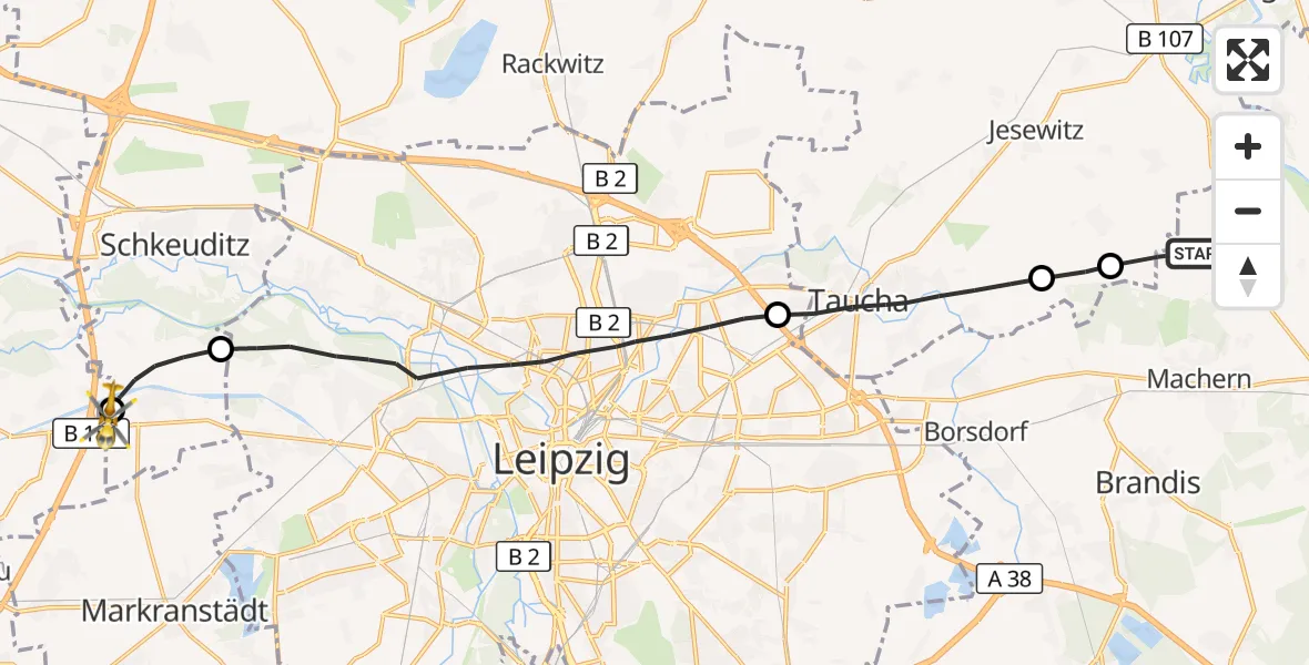Flugroute Rettungshubschrauber Machern - ADAC Air Rescue Station Leipzig/Schkeuditz-Dölzig Hubschrauberlandeplatz (Christoph 61), 23 Oktober 2026, 07:45