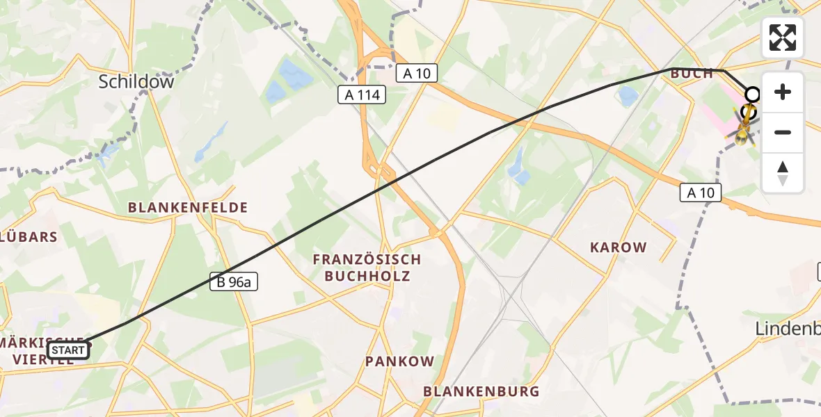 Flugroute Rettungshubschrauber Berlin - Helios Clinic Berlin-Buch, 23 Oktober 2026, 07:48