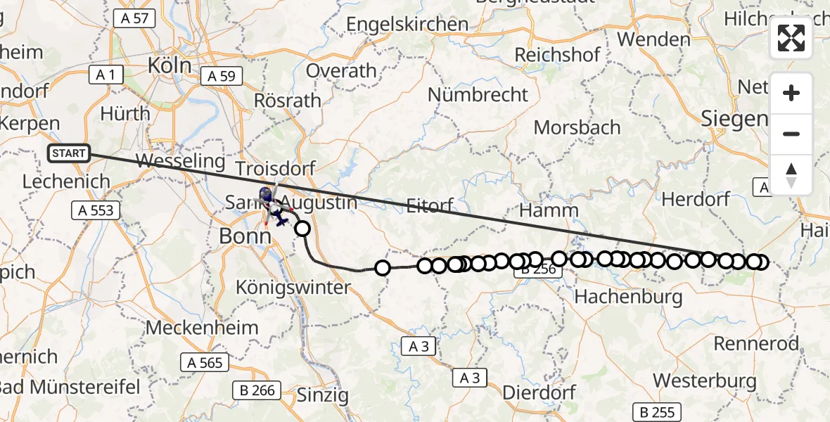 Flugroute Polizeihubschrauber Erftstadt - Bonn-Hangelar Flugplatz, 23 Oktober 2026, 08:01