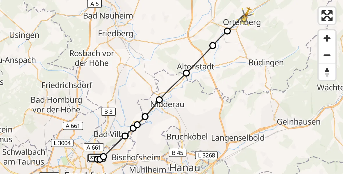 Flugroute Rettungshubschrauber Frankfurt am Main Accident Hospital Roof - Ortenberg, 23 Oktober 2026, 08:07