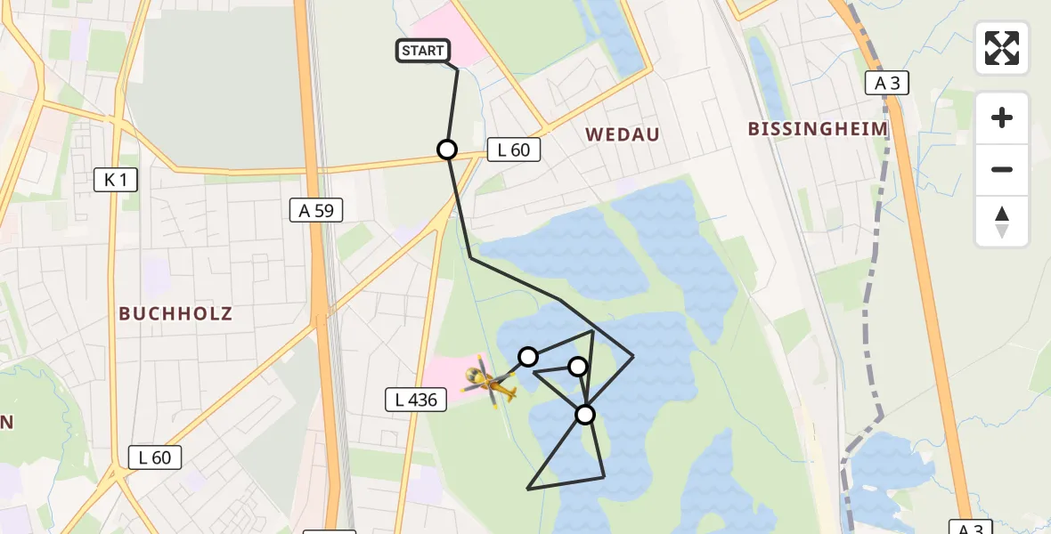 Flugroute Rettungshubschrauber Sana Clinic Duisburg Hubschrauberlandeplatz - Duisburg Air Rescue Hubschrauberlandeplatz (Christoph 9), 23 Oktober 2026, 08:08