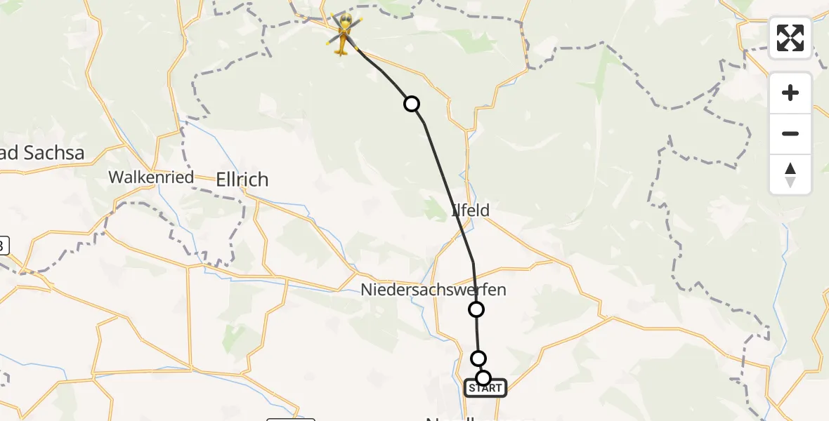 Flugroute Rettungshubschrauber Südharz Hospital Nordhausen - Ellrich, 23 Oktober 2026, 08:13