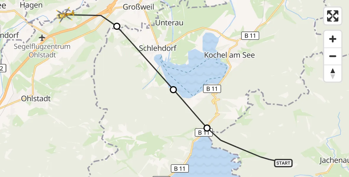 Flugroute Rettungshubschrauber Jachenau - Großweil, 23 Oktober 2026, 08:16