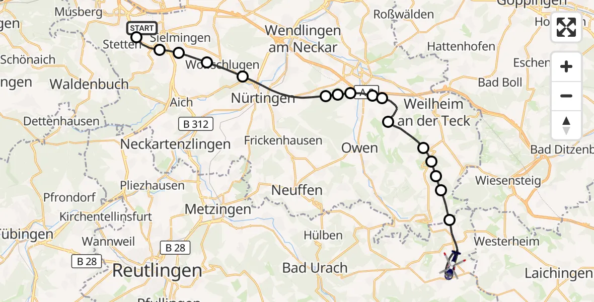 Flugroute Polizeihubschrauber Flughafen Stuttgart - Römerstein, 23 Oktober 2026, 08:22