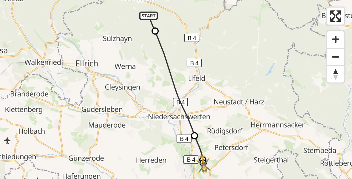 Flugroute Rettungshubschrauber Ellrich - Südharz Hospital Nordhausen, 23 Oktober 2026, 08:28