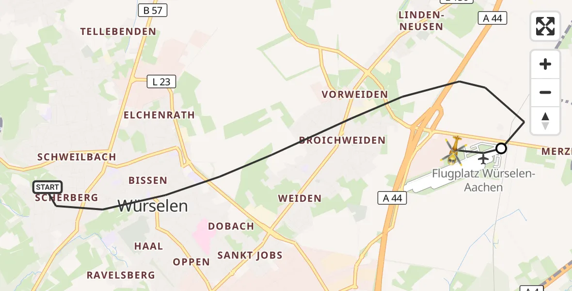 Flugroute Rettungshubschrauber Würselen - Aachen-Merzbrück Flughafen, 23 Oktober 2026, 08:30