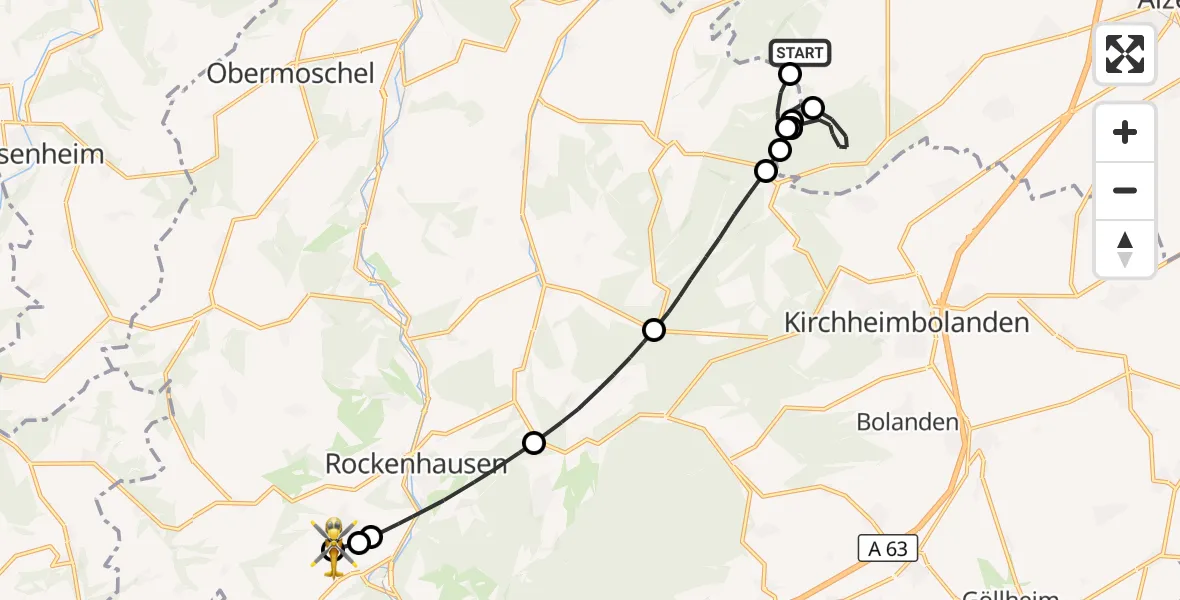Flugroute Rettungshubschrauber Nieder-Wiesen - Rockenhausen, 23 Oktober 2026, 08:37