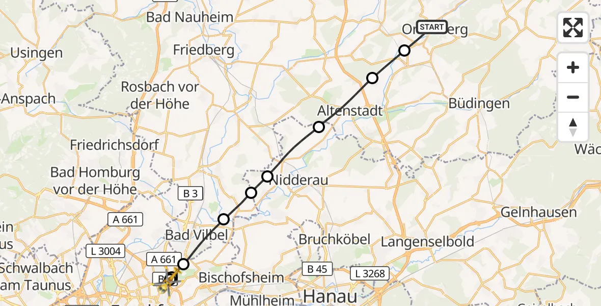 Flugroute Rettungshubschrauber Ortenberg - Frankfurt am Main Accident Hospital Roof, 23 Oktober 2026, 08:39