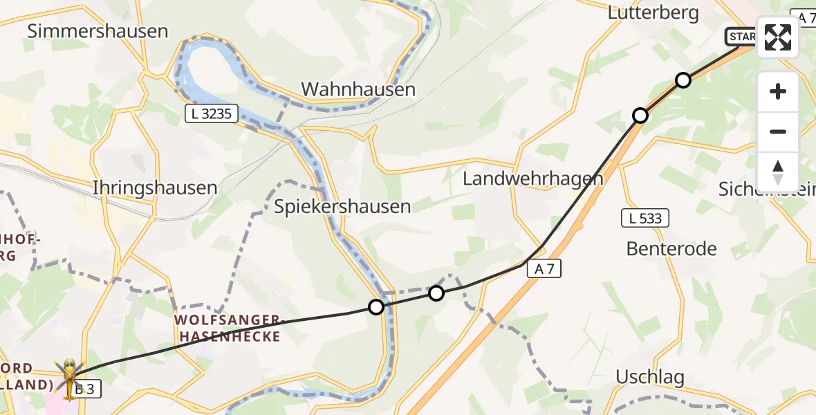 Flugroute Rettungshubschrauber Staufenberg - Kassel, 23 Oktober 2026, 08:42