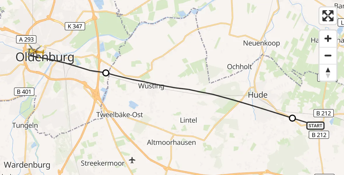 Flugroute Rettungshubschrauber Ganderkesee - Oldenburg (Oldb), 23 Oktober 2026, 08:45