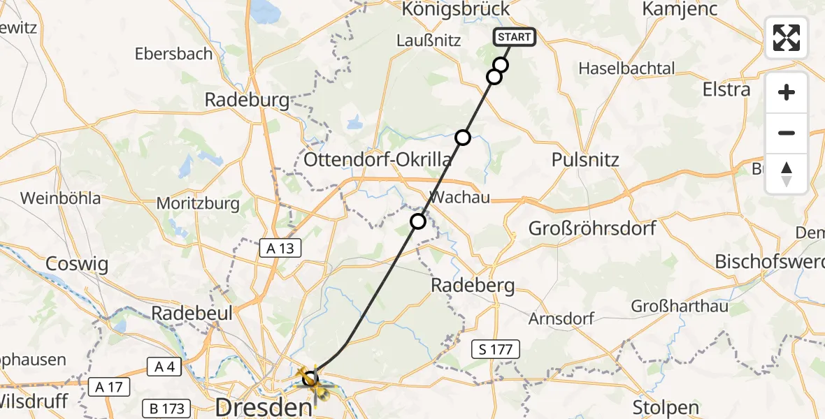 Flugroute Rettungshubschrauber Haselbachtal - Dresden Elbwiesen Hubschrauberlandeplatz, 23 Oktober 2026, 09:14