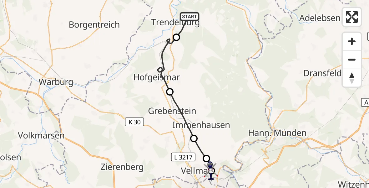 Flugroute Polizeihubschrauber Trendelburg - Fuldatal Bundespolizei Hubschrauberlandeplatz, 23 Oktober 2026, 09:15