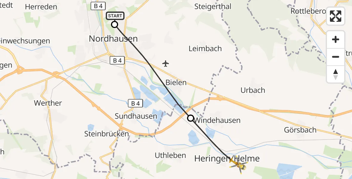 Flugroute Rettungshubschrauber Südharz Hospital Nordhausen - Heringen/Helme, 23 Oktober 2026, 09:24